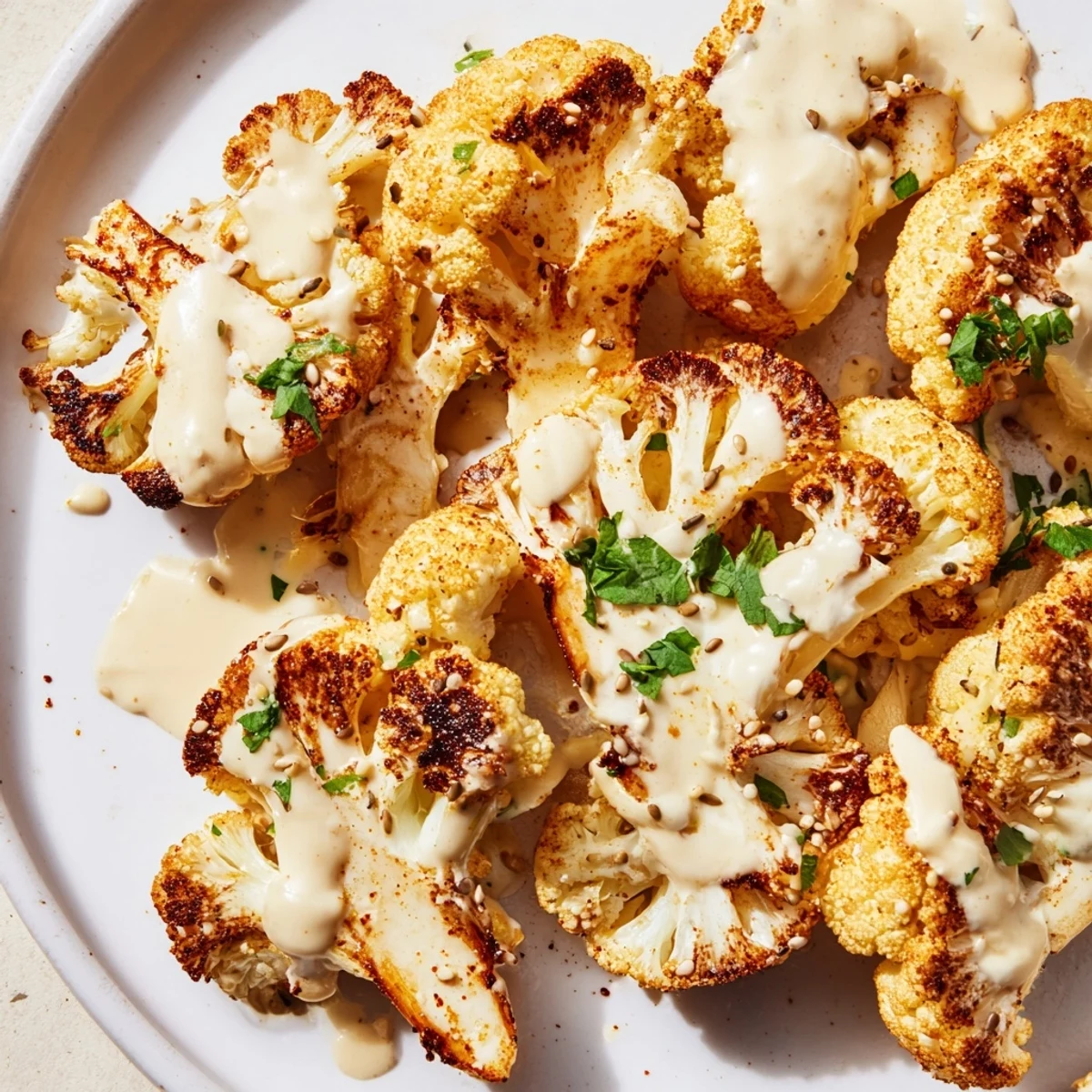 Vegan roasted cauliflower with crispy edges and aromatic garlic finished with smooth sesame tahini dressing