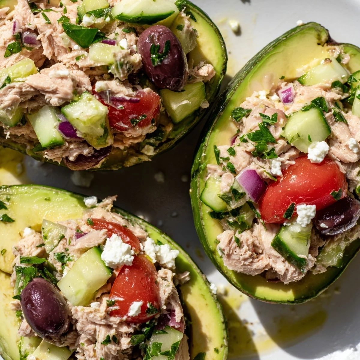 Creamy halved avocados mounded with Mediterranean tuna salad and crisp diced cucumber