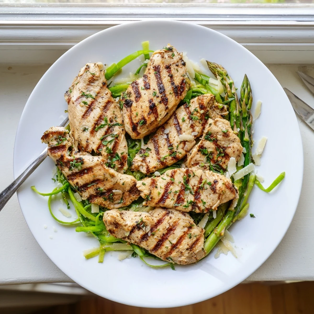 Golden grilled lemon herb chicken breasts resting atop delicate shaved asparagus ribbons on a white plate