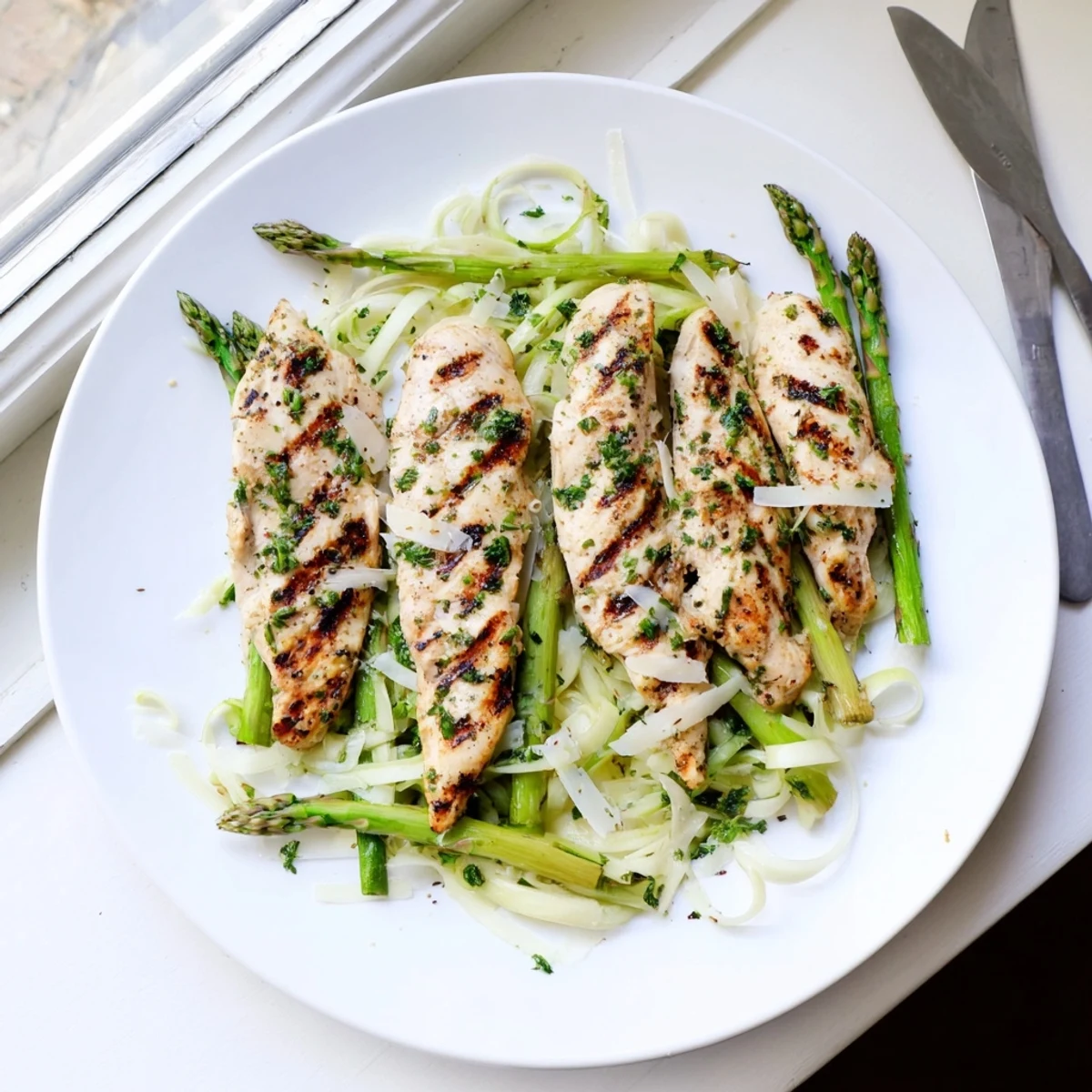 Juicy grilled chicken seasoned with bright lemon and fragrant herbs paired with light asparagus ribbons