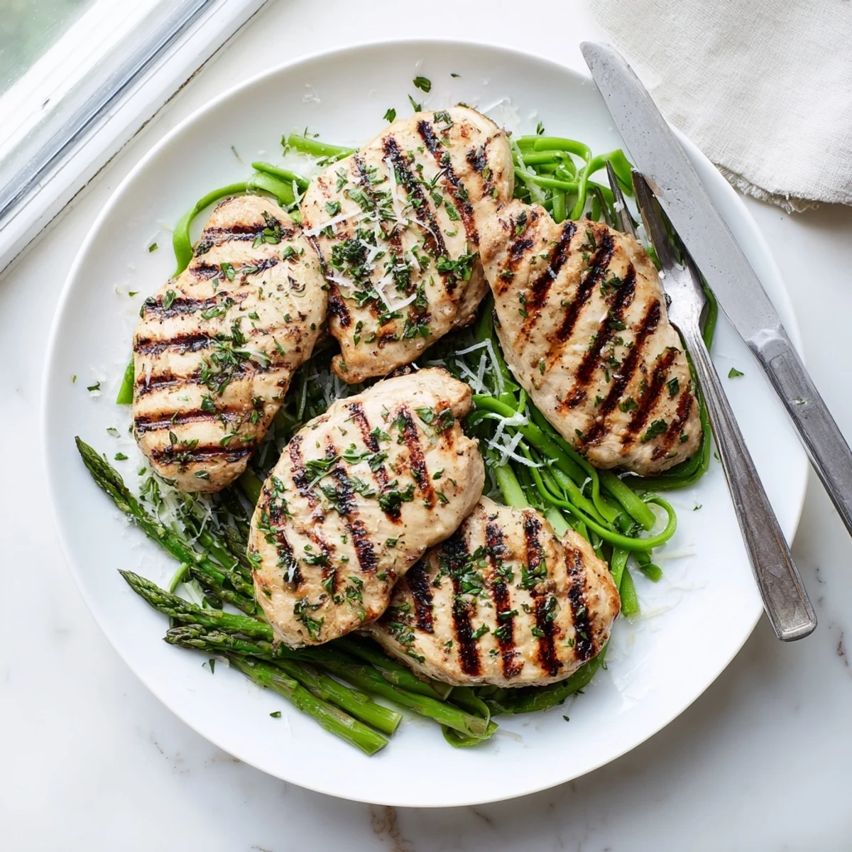Perfectly charred chicken with zesty lemon herb marinade served over fresh crisp asparagus shavings for dinner