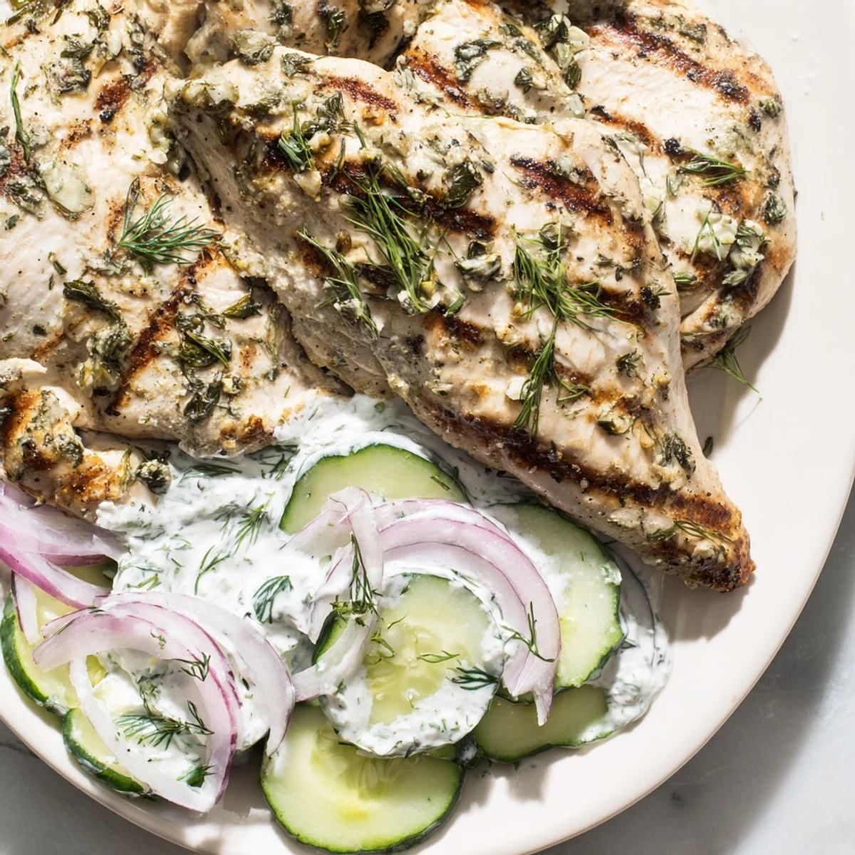 Golden grilled lemon herb chicken breasts resting beside a bowl of creamy cucumber dill salad