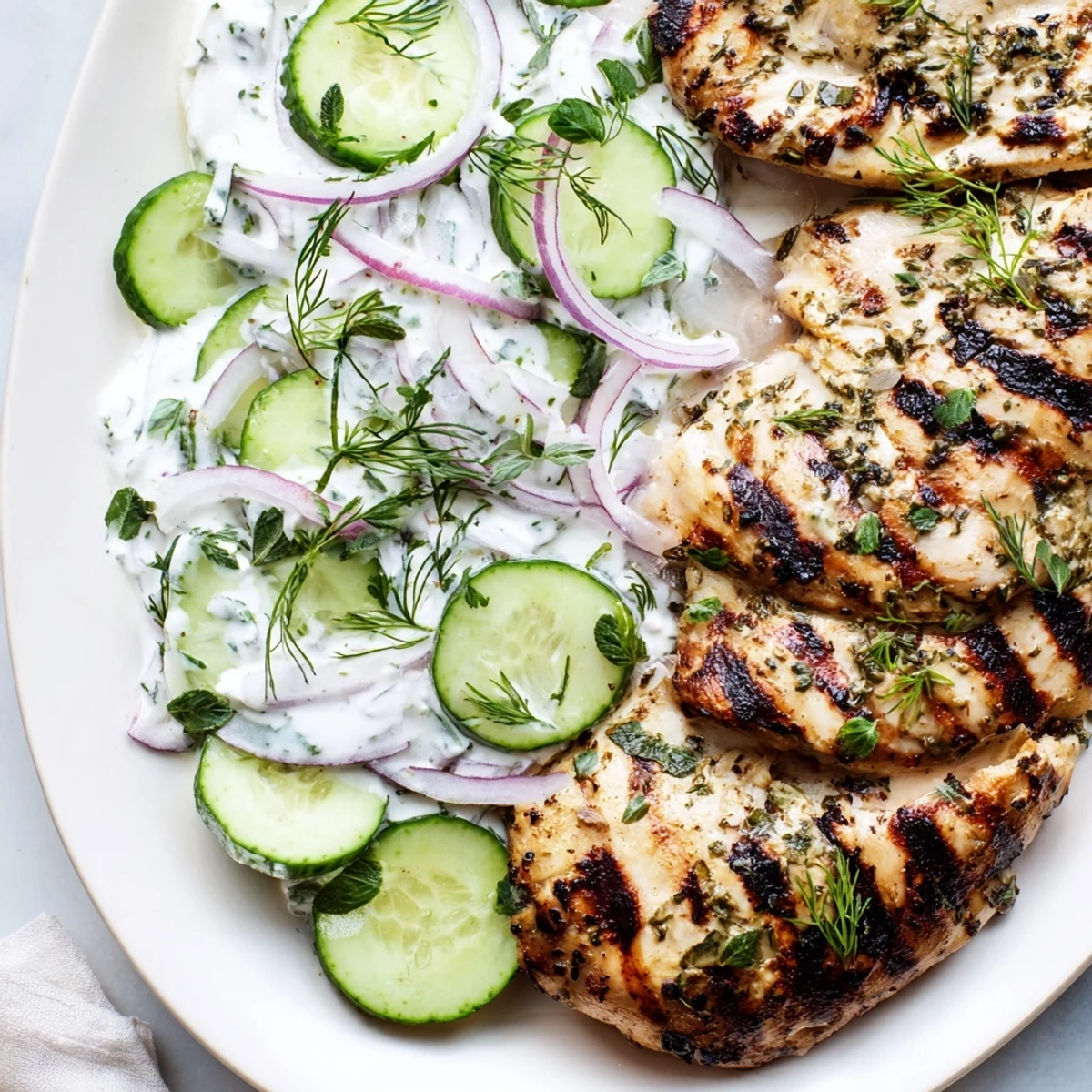 Tender marinated chicken with fresh herbs paired alongside tangy cucumber dill salad for summer dining