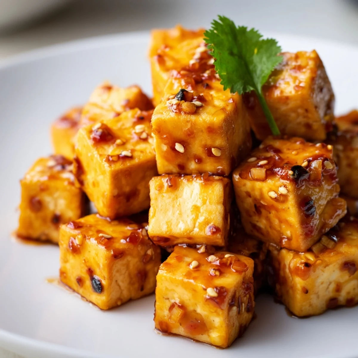 Golden brown crispy chili garlic tofu served over colorful purple and green sesame cabbage slaw