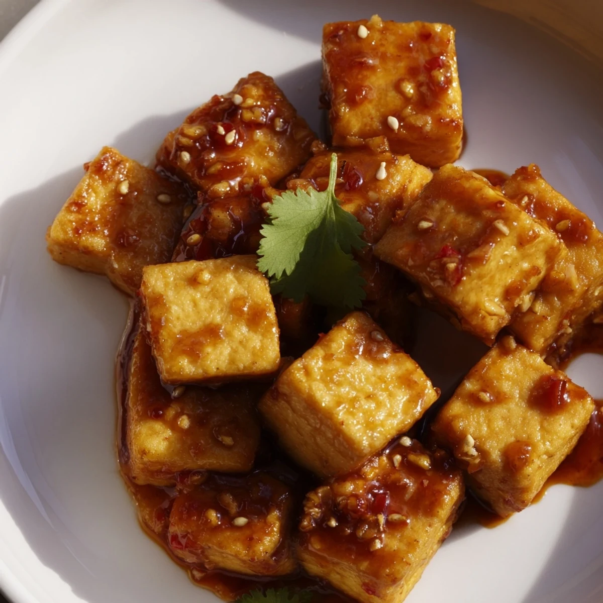 Vegan crispy chili garlic tofu cubes coated in spicy glaze alongside crunchy fresh vegetable slaw