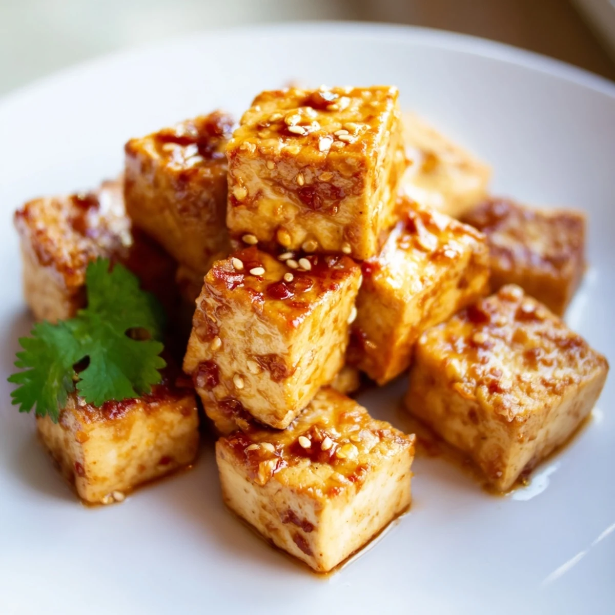 Asian-inspired crispy chili garlic tofu plated atop vibrant shredded cabbage with toasted sesame seed topping