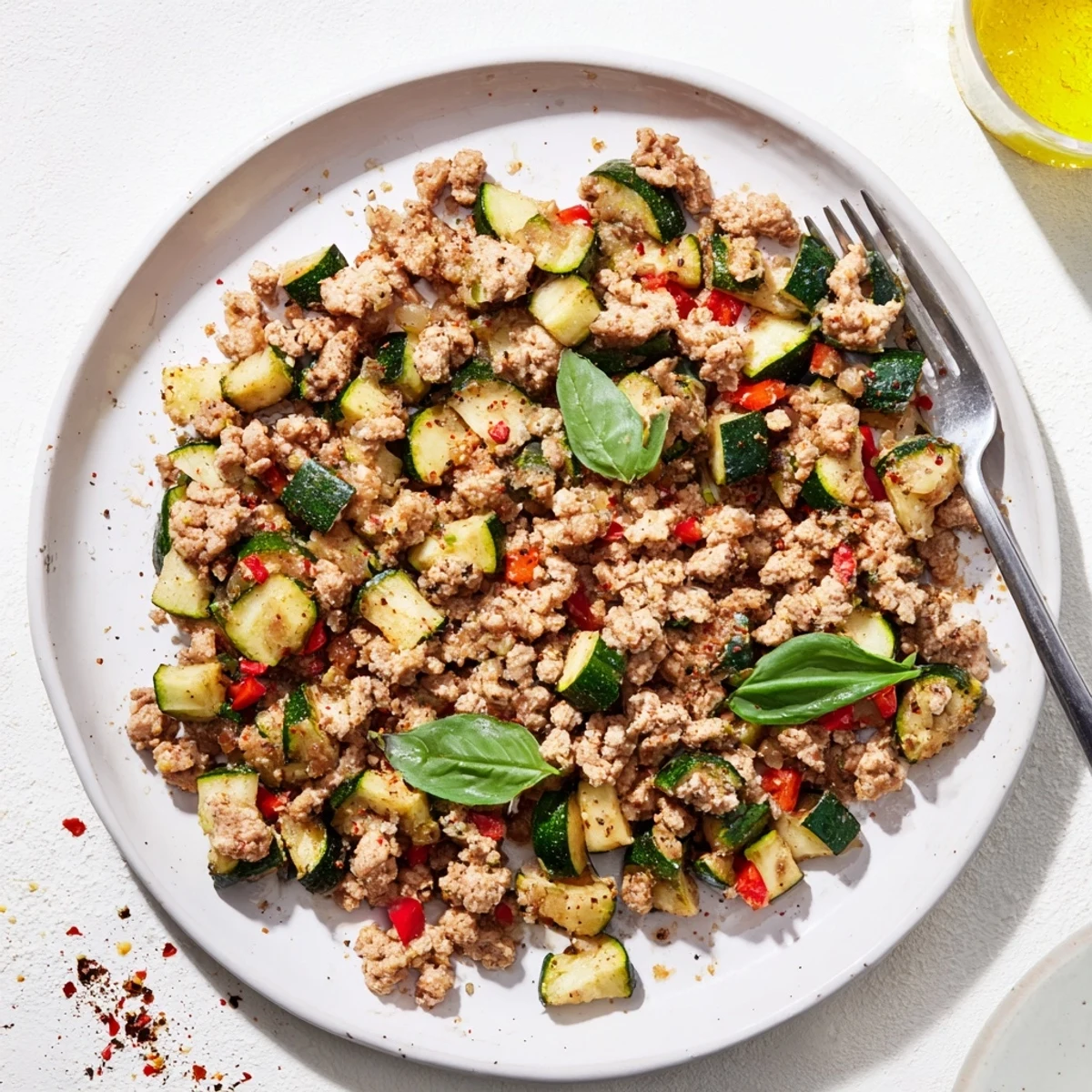 Healthy one-pan garlic basil turkey and zucchini skillet ready for weeknight dinner serving