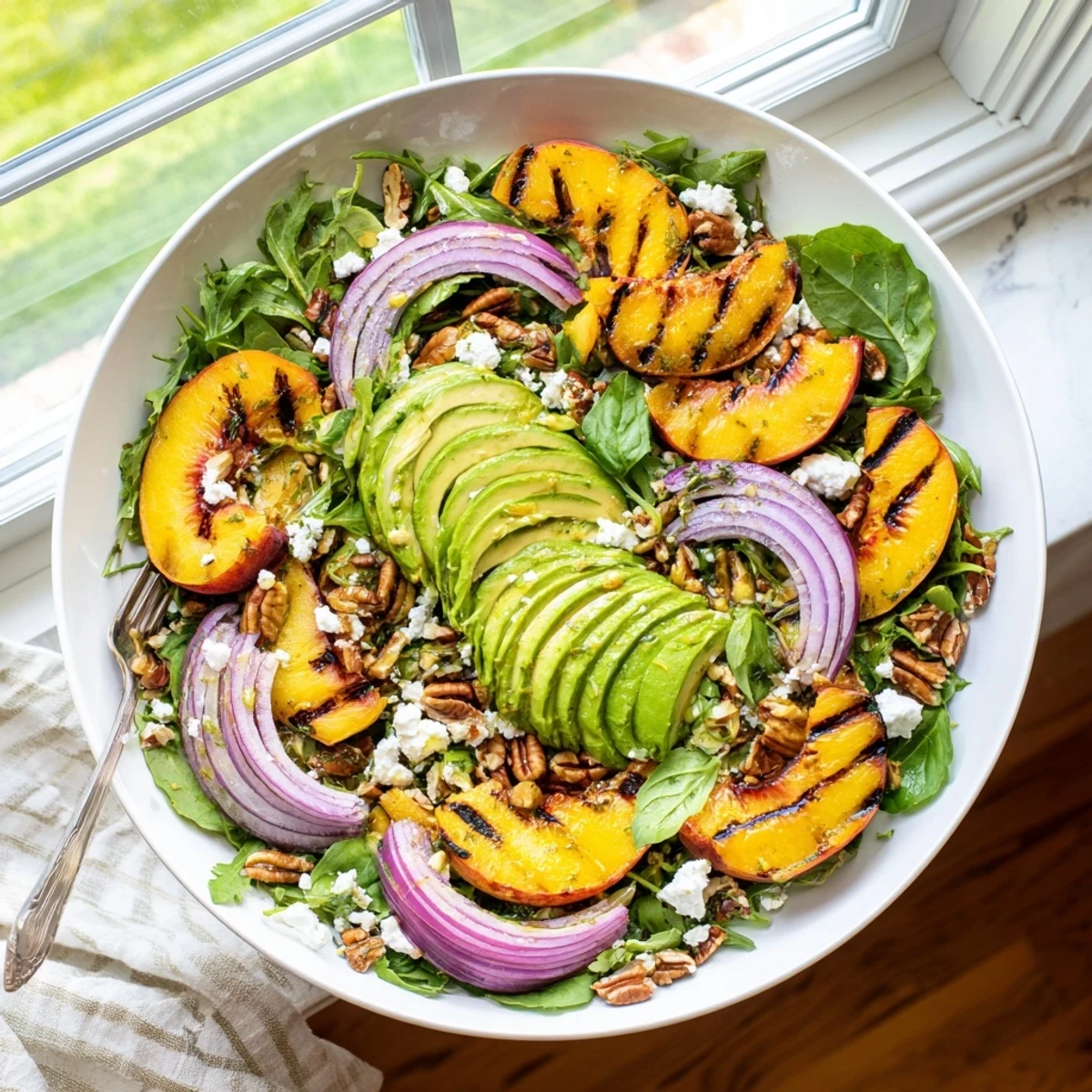 Golden grilled peaches and creamy avocado atop fresh arugula in this vibrant summer salad bowl