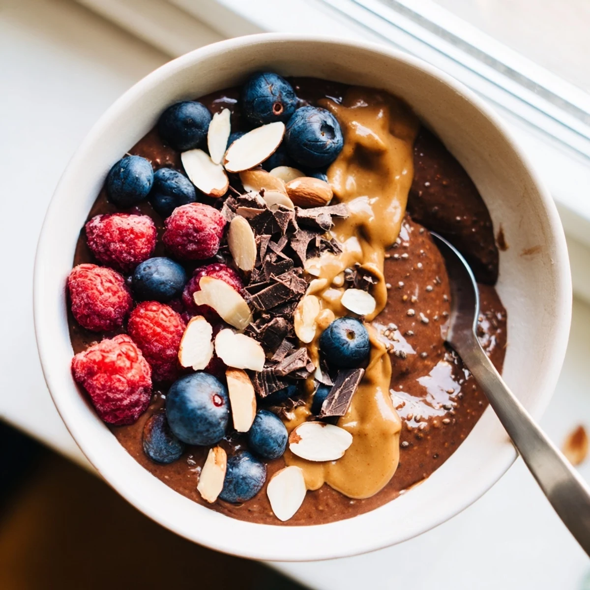 Creamy chocolate chia breakfast pudding with almond milk and protein powder garnished with dark chocolate shavings