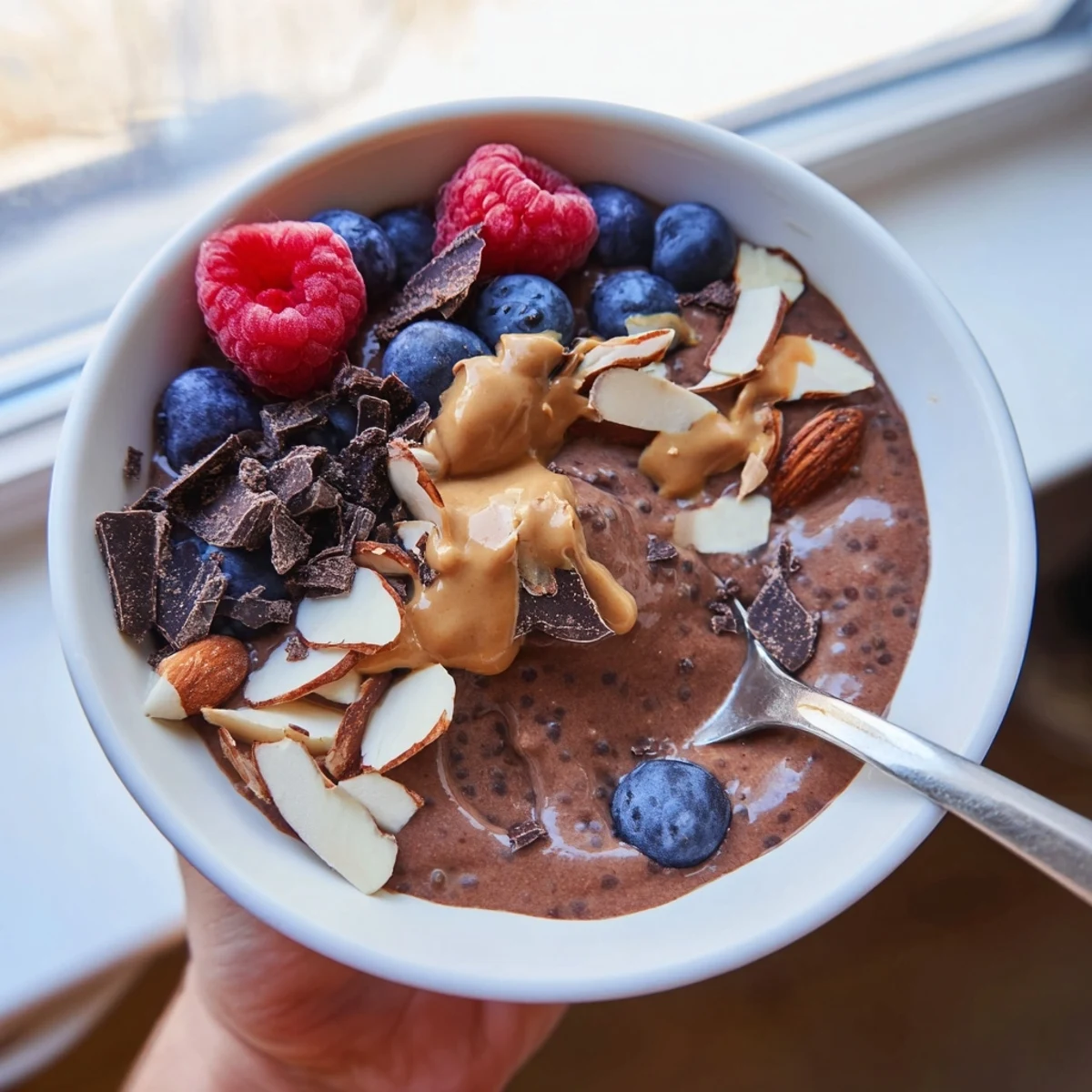 Thick chocolate almond protein chia pudding layered with raspberries and a drizzle of almond butter