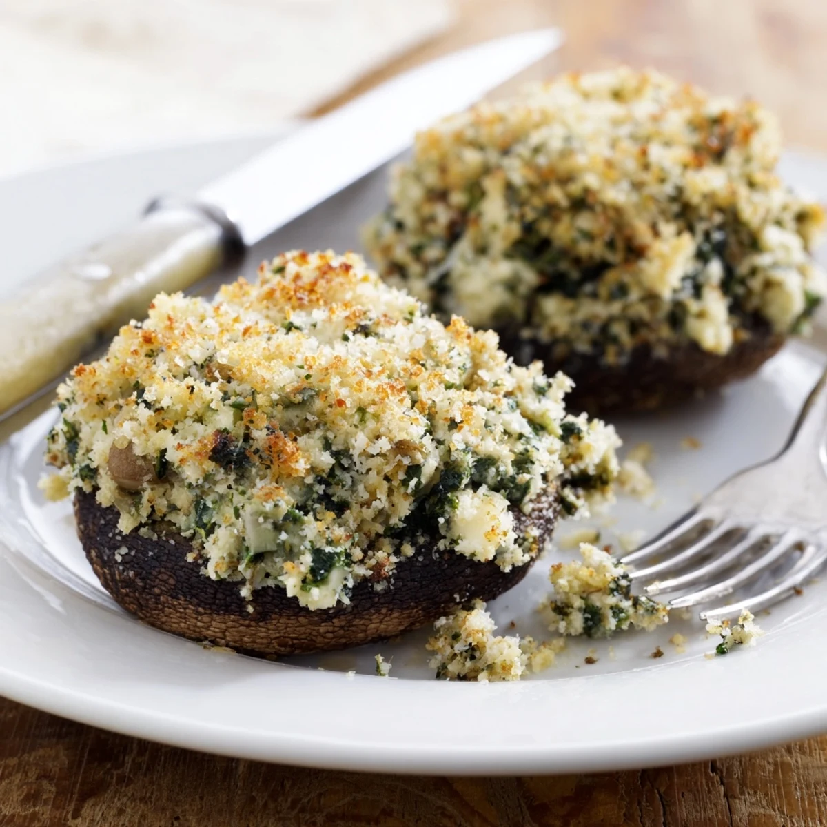 Baked portobello mushroom caps mounded with creamy cottage cheese spinach filling and melted cheese