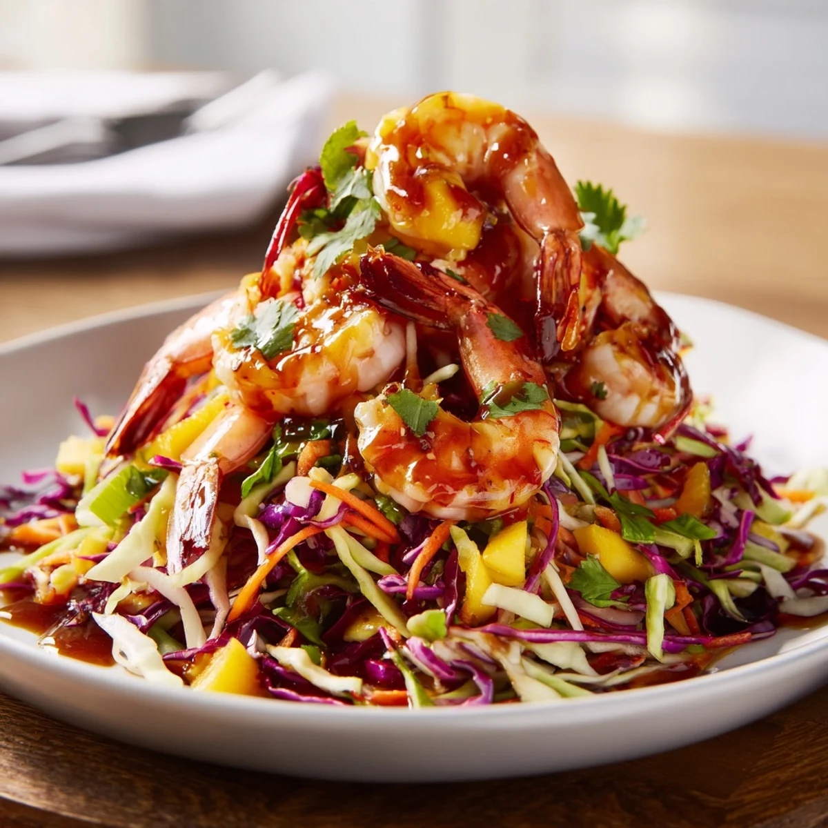Plate of sweet and spicy mango chili shrimp resting atop crisp lime-dressed cabbage crunch salad with lime wedges