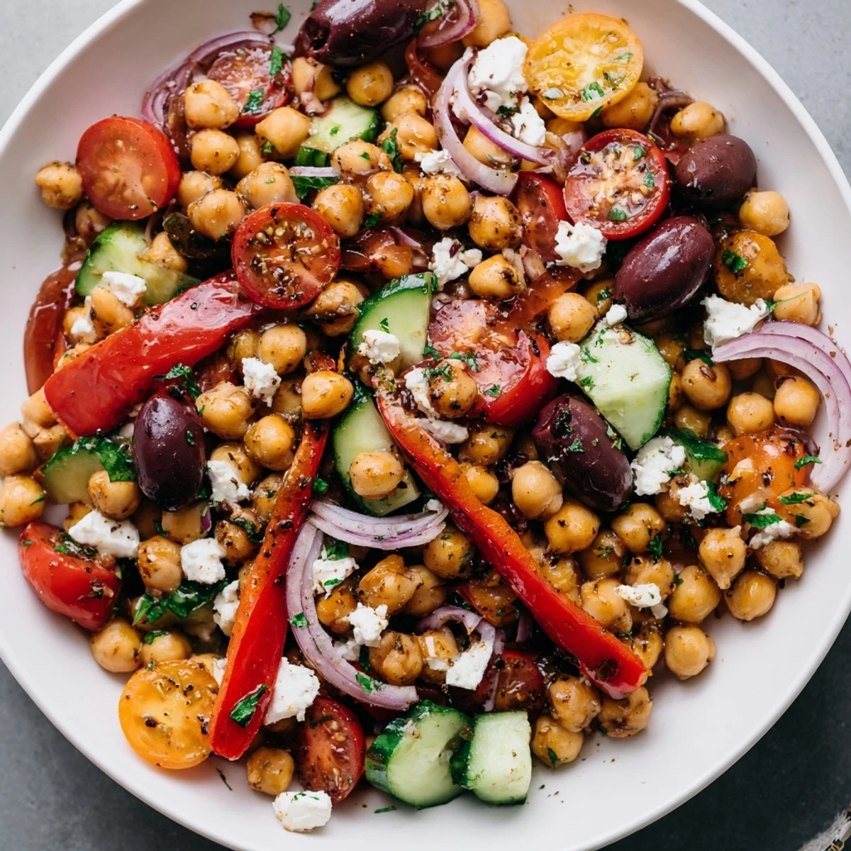 Protein-packed Mediterranean chickpea and roasted pepper salad served with red onion and cherry tomatoes