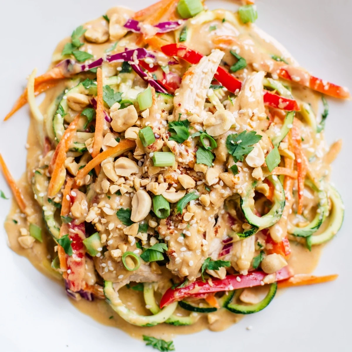 Golden sliced chicken atop vibrant zucchini noodles coated in creamy spicy peanut dressing with crushed peanuts