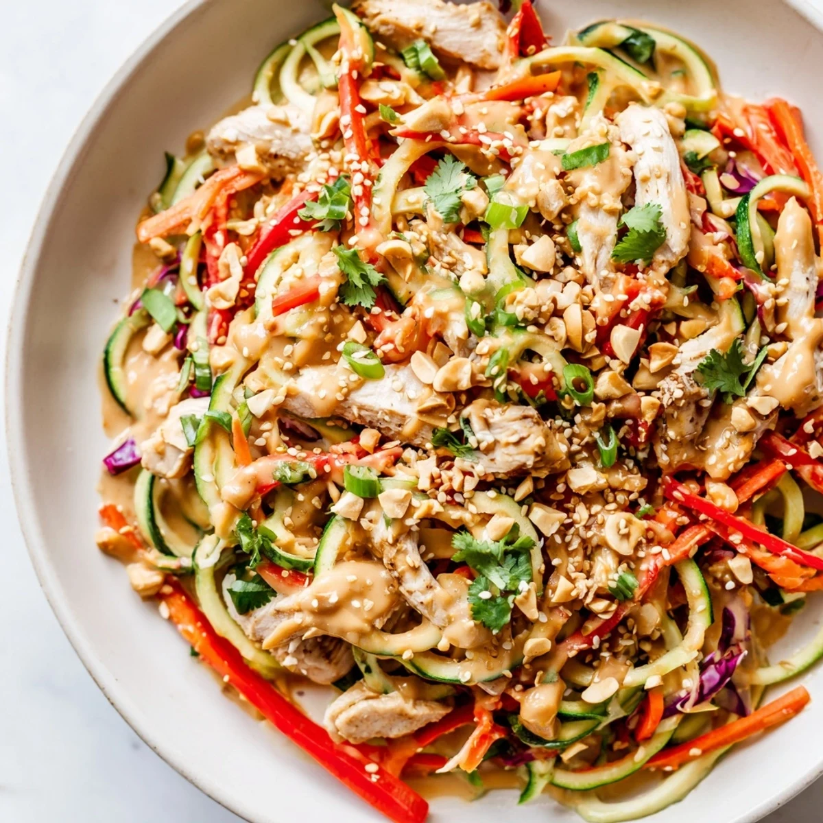 Fresh zoodle bowl featuring juicy chicken, crisp vegetables, and rich spicy peanut dressing garnished with cilantro