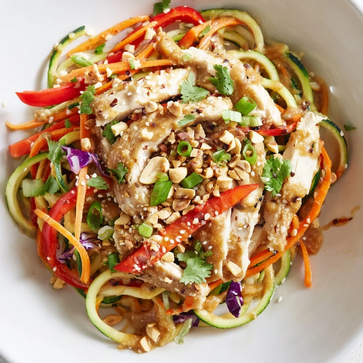 Colorful spiralized zucchini salad topped with tender chicken strips and drizzled with bold spicy peanut sauce