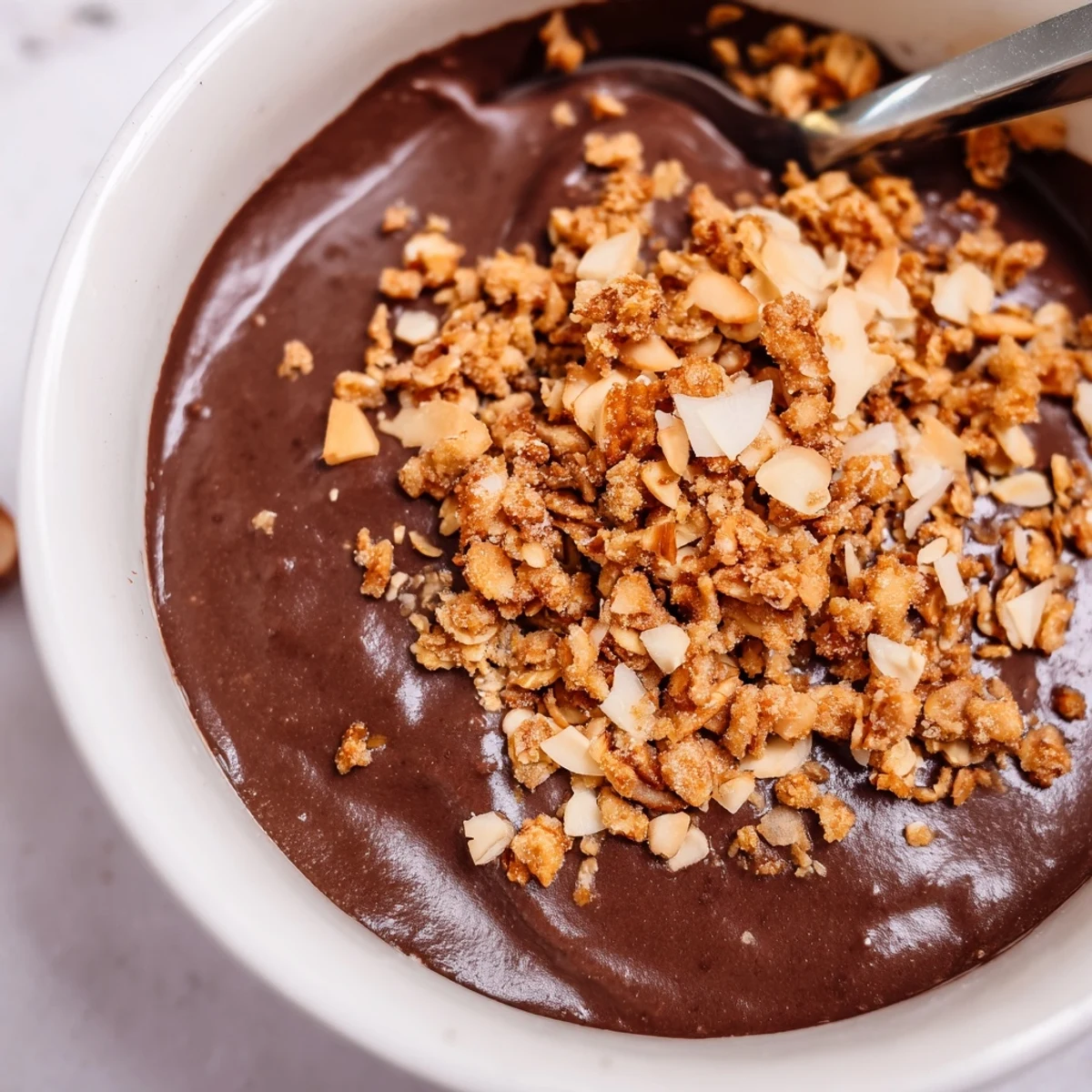 Decadent chocolate avocado protein pudding garnished with warm cinnamon almond crumble and fresh berries