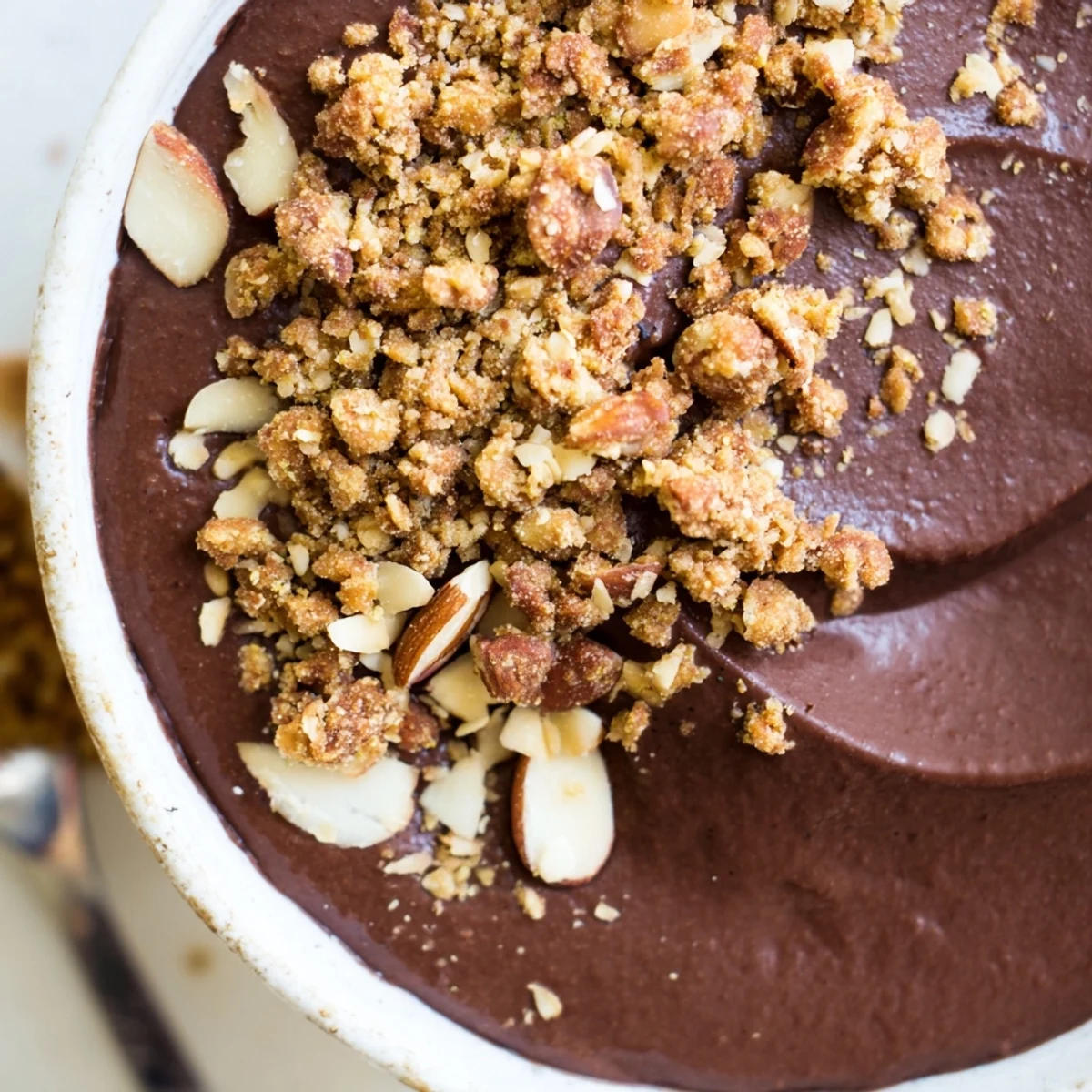 Rich chocolate avocado protein pudding with crunchy toasted almond oat topping ready to serve