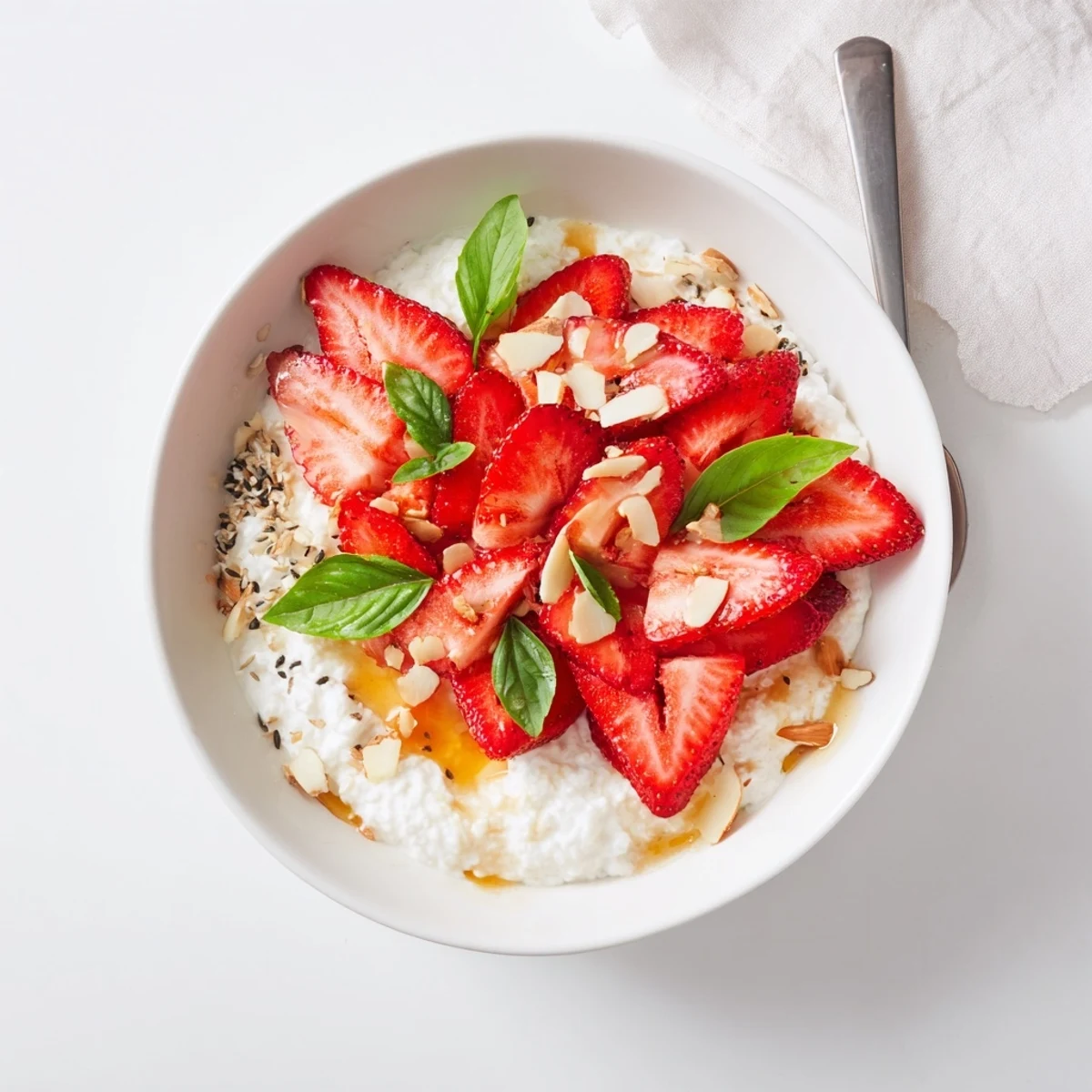 Creamy strawberry basil cottage cheese breakfast bowl topped with fresh sliced strawberries and green basil ribbons
