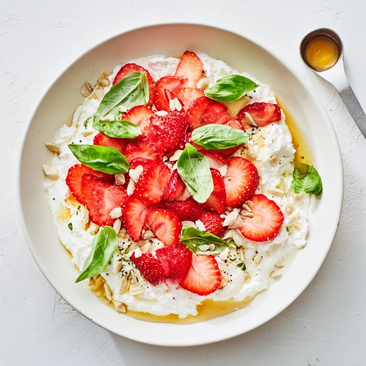 Fresh strawberry basil cottage cheese breakfast bowl garnished with toasted almonds, chia seeds, and maple syrup swirl
