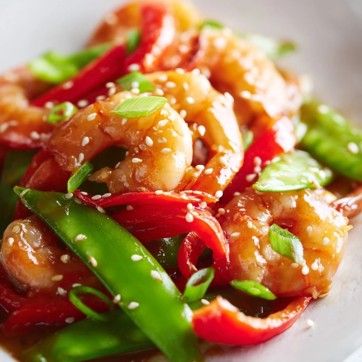 Plump shrimp and crisp snap pea stir fry tossed with aromatic garlic ginger sauce