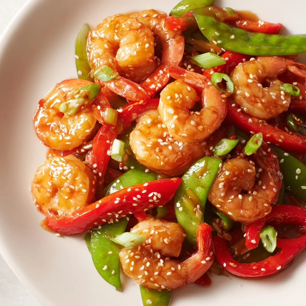 Steaming plate of Asian-inspired garlic ginger shrimp snap pea stir fry with sesame garnish