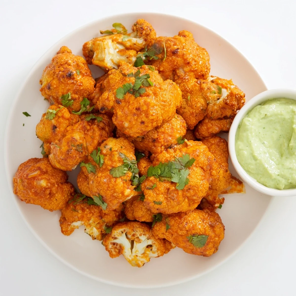Spicy buffalo cauliflower florets arranged on a white plate with creamy avocado dipping sauce