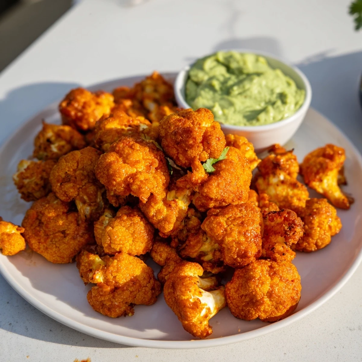 Crispy oven-baked buffalo cauliflower bites plated alongside smooth avocado yogurt dip for dipping