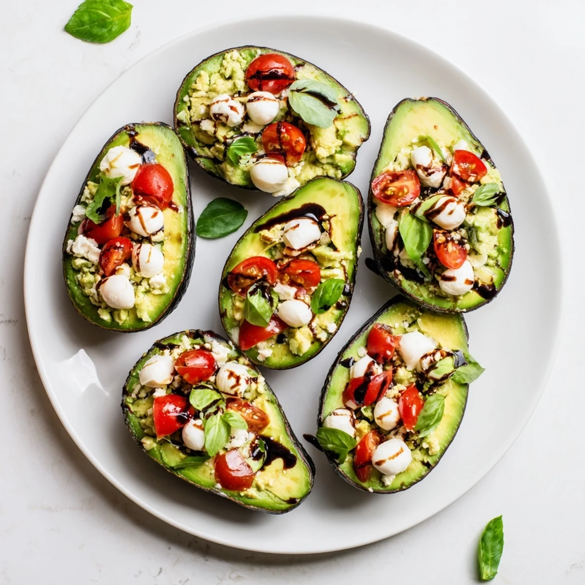 Cottage cheese Caprese stuffed avocados filled with cherry tomatoes, basil, and mozzarella on a white plate