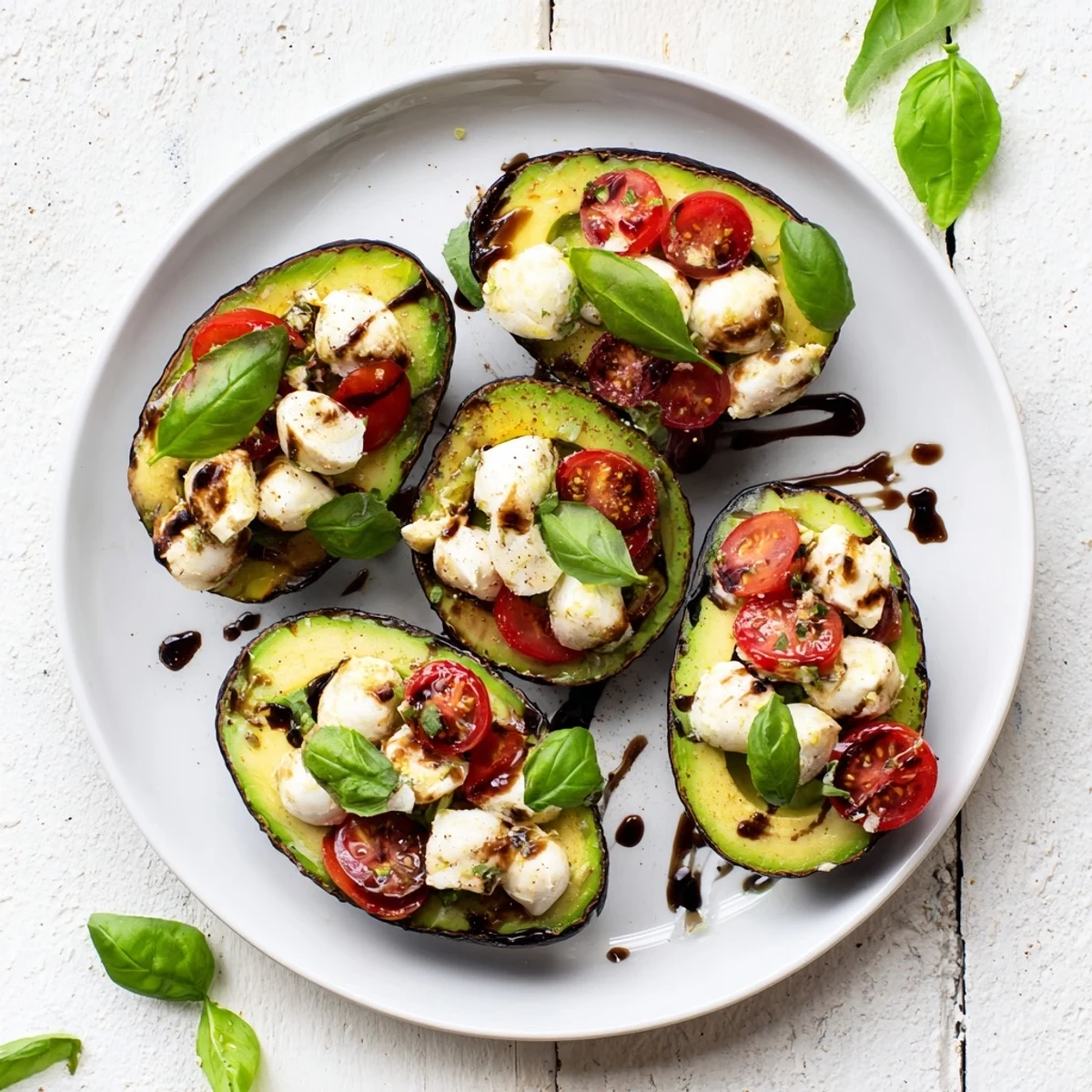 Protein-packed cottage cheese Caprese stuffed avocados garnished with fresh basil and mini mozzarella balls