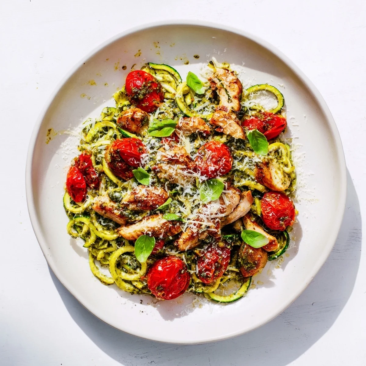 Vibrant plate of pesto chicken and zoodles garnished with fresh basil and grated Parmesan cheese