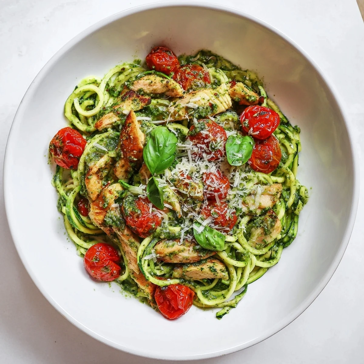 Close-up of juicy pesto-marinated chicken served over roasted tomato zucchini noodles with red pepper flakes