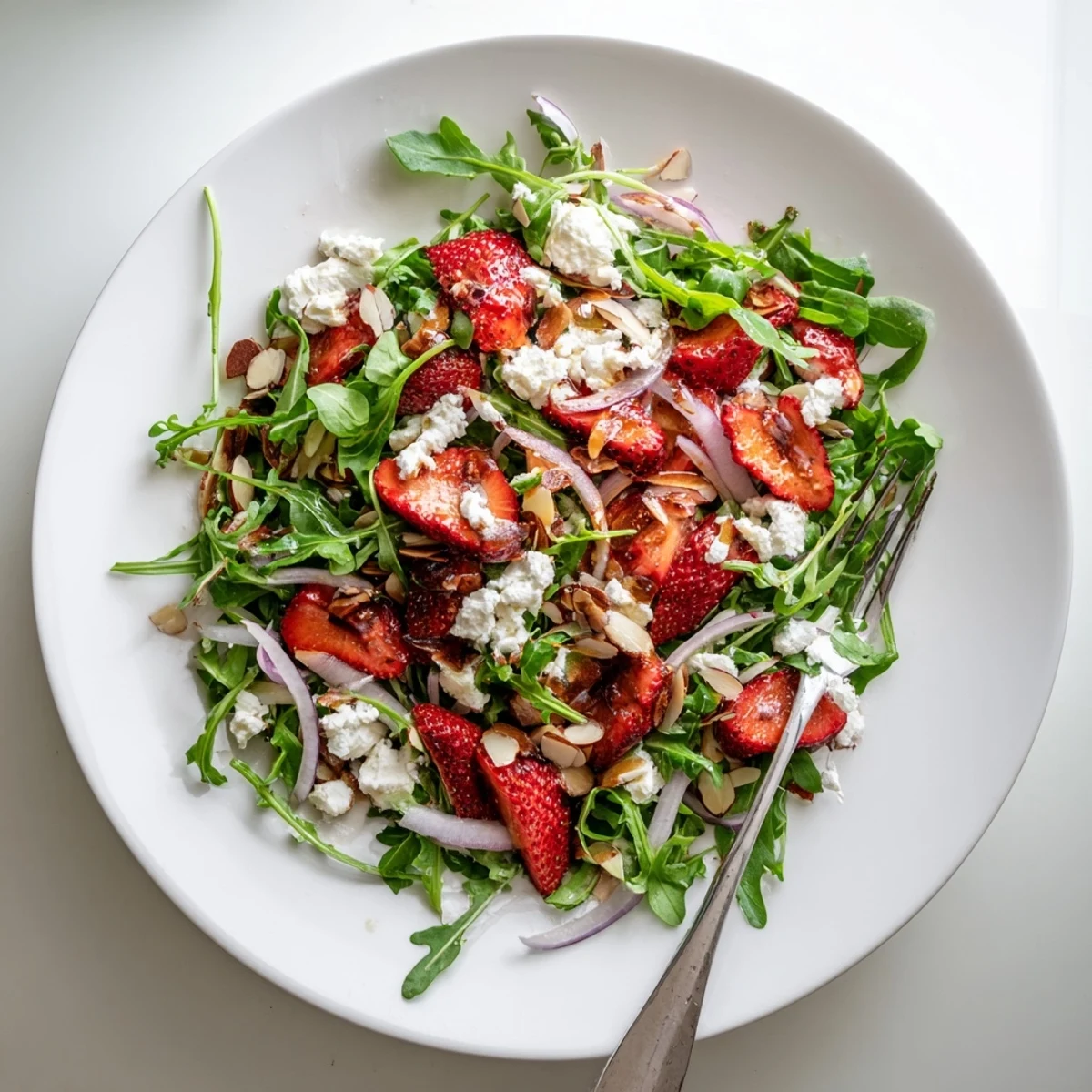 Vibrant salad plate featuring sweet caramelized strawberries, peppery arugula, and glazed balsamic almonds with creamy goat cheese