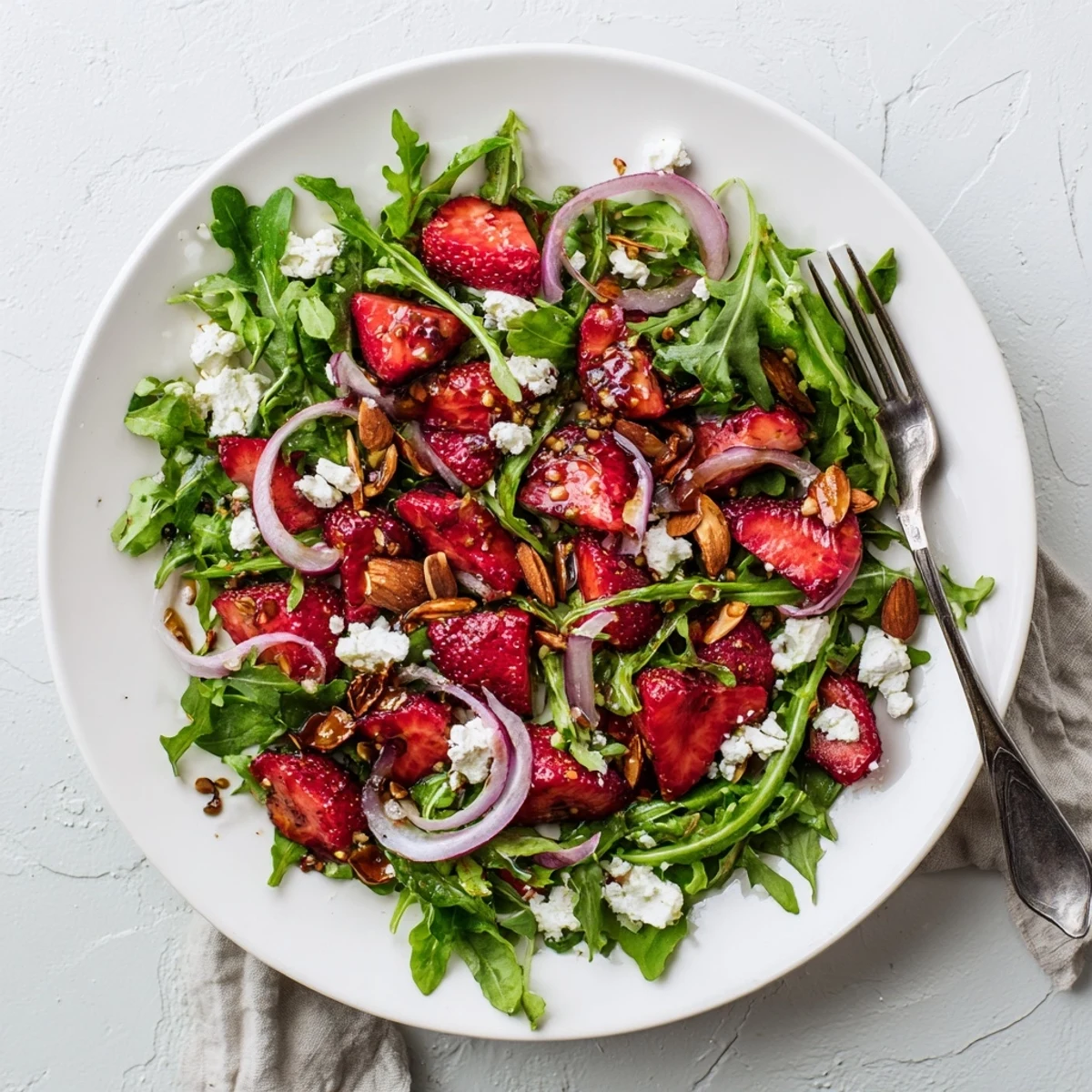 Colorful roasted strawberry arugula salad bowl drizzled with balsamic dressing and sprinkled with sweet glazed almonds