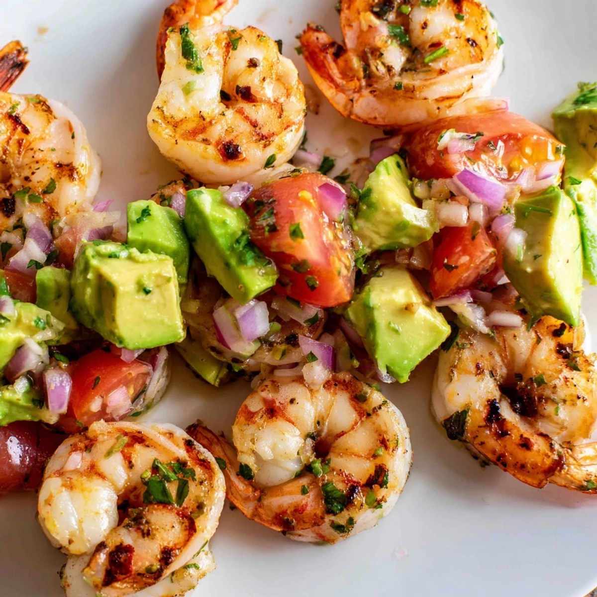 Golden grilled lemon garlic shrimp skewers topped with chunky vibrant avocado salsa