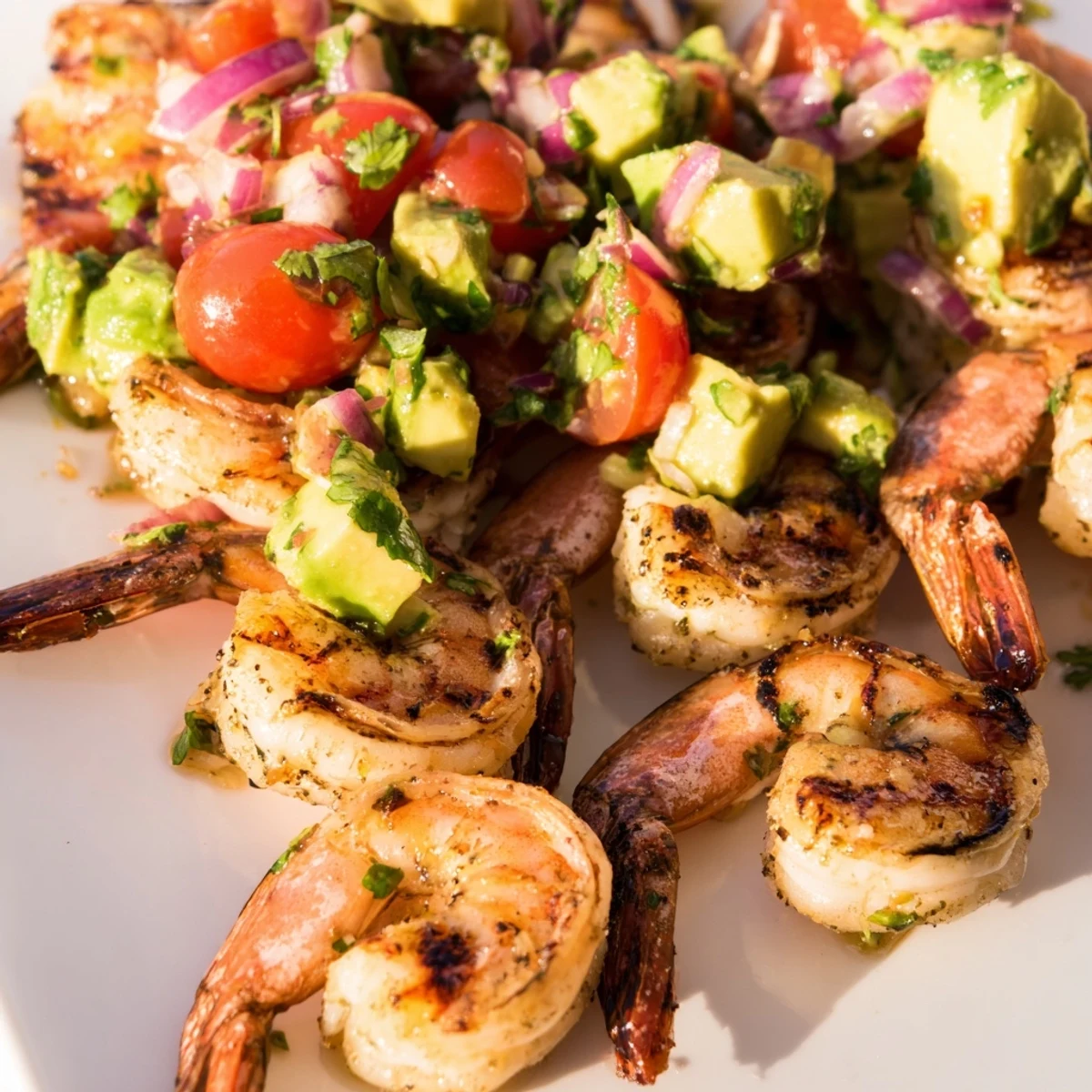 Zesty lemon garlic grilled shrimp paired with fresh creamy avocado dipping salsa