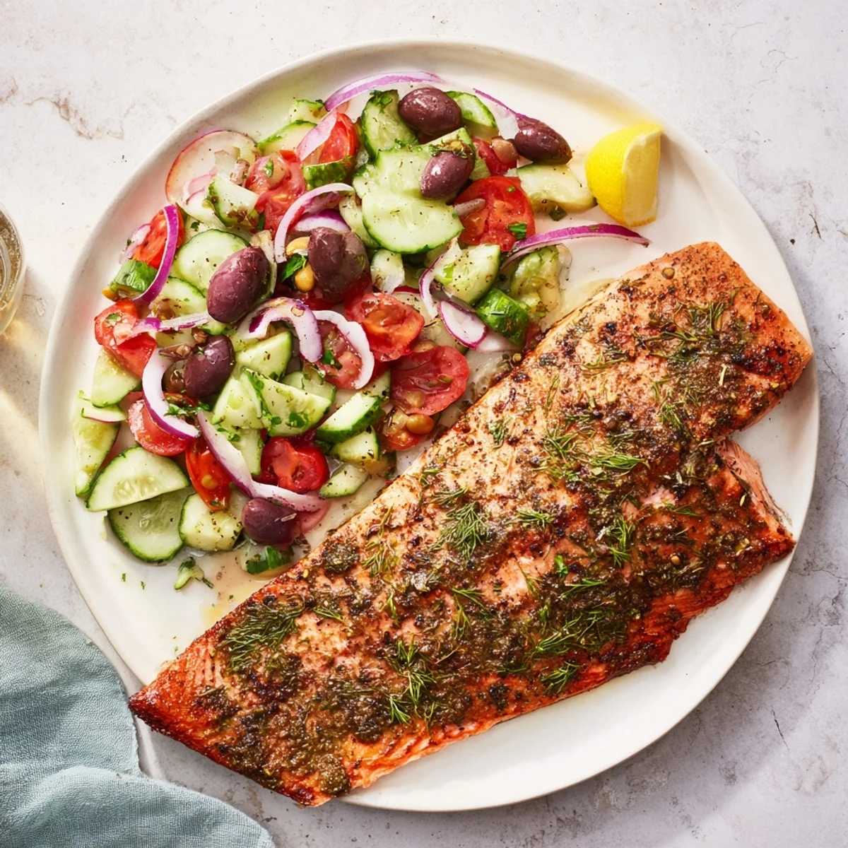 Golden baked Mediterranean herb salmon fillets resting beside fresh cucumber tomato salad on a white plate