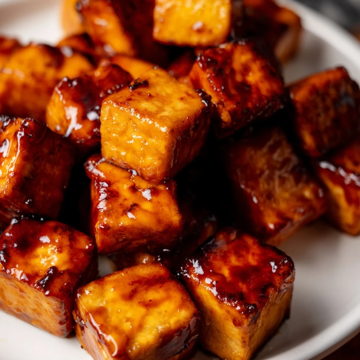 Golden brown smoky maple glazed tofu cubes served atop colorful purple and green cabbage slaw with fresh cilantro