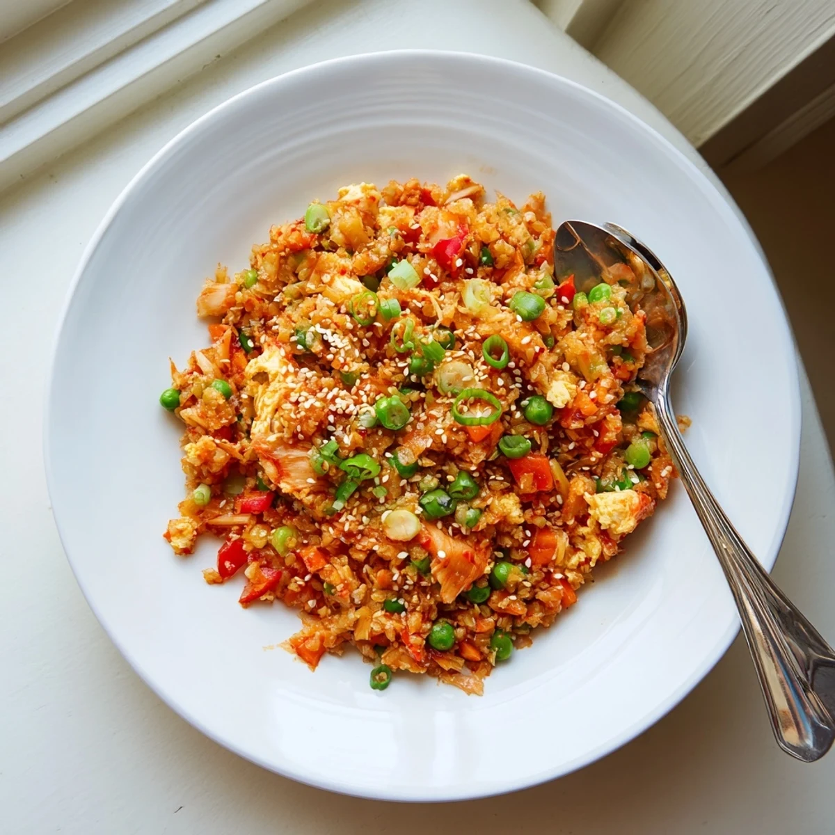 Colorful spicy kimchi cauliflower fried rice served in a white bowl with sesame seed garnish