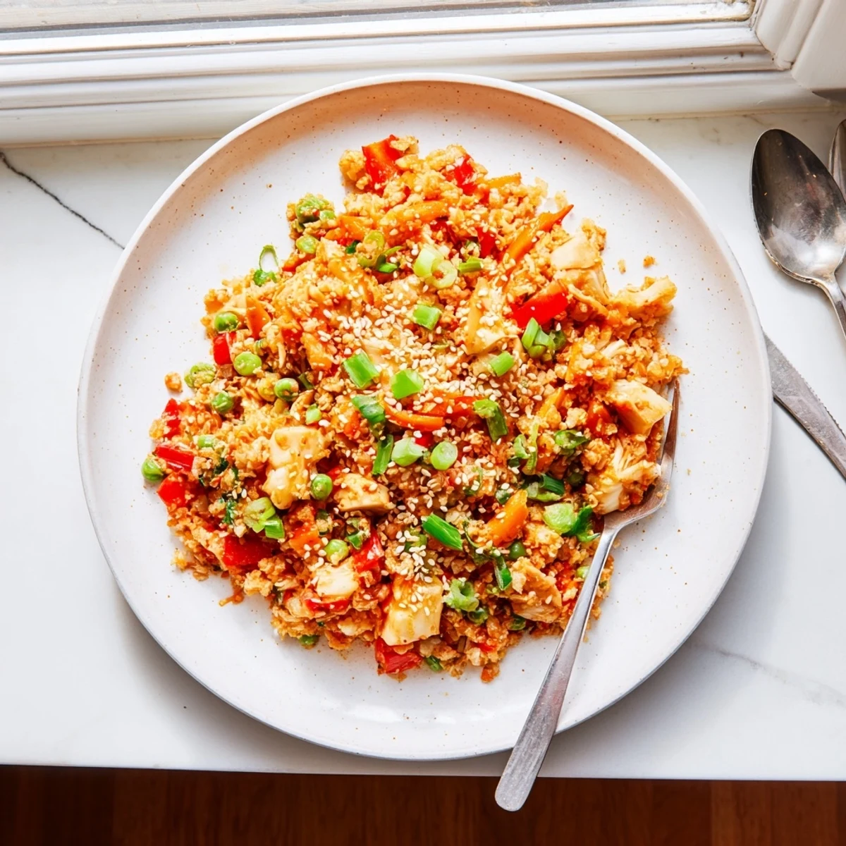 Wok-tossed kimchi cauliflower fried rice featuring vibrant red peppers and green onions on a wooden board