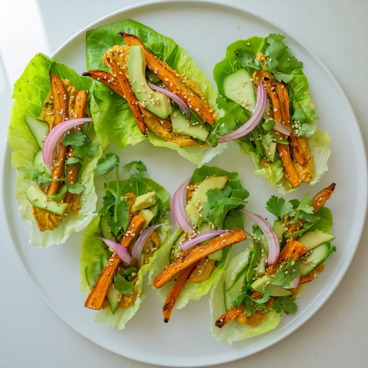 Crisp butter lettuce cups filled with roasted carrot and harissa hummus wraps topped with fresh avocado and cilantro