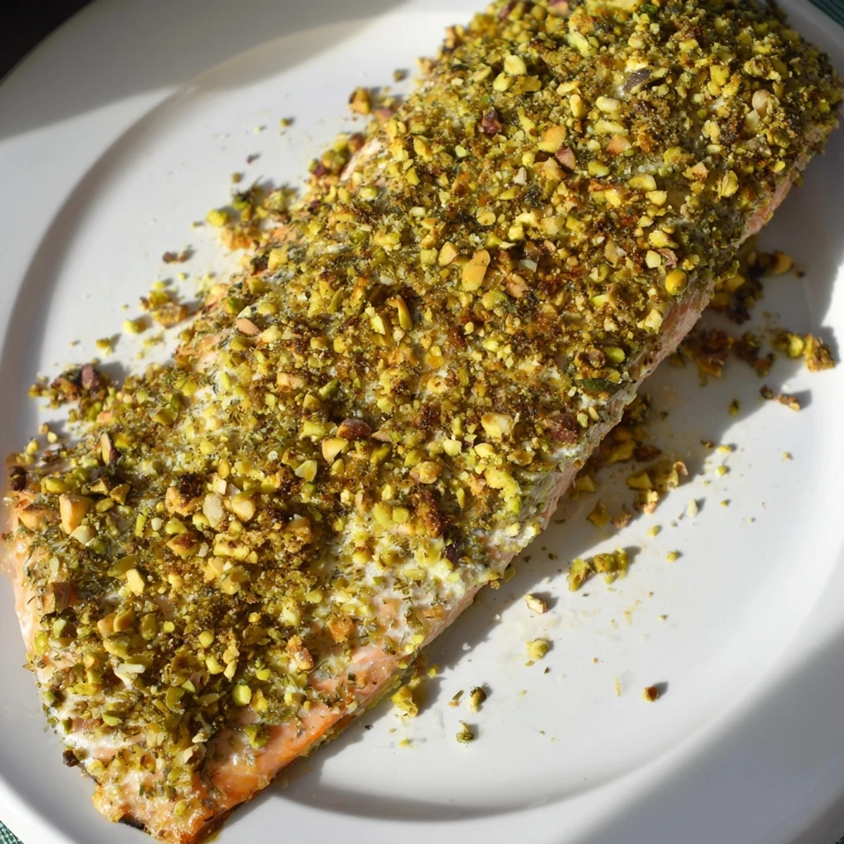 Golden crusted pistachio herb crusted salmon with fresh spring greens salad on white plate