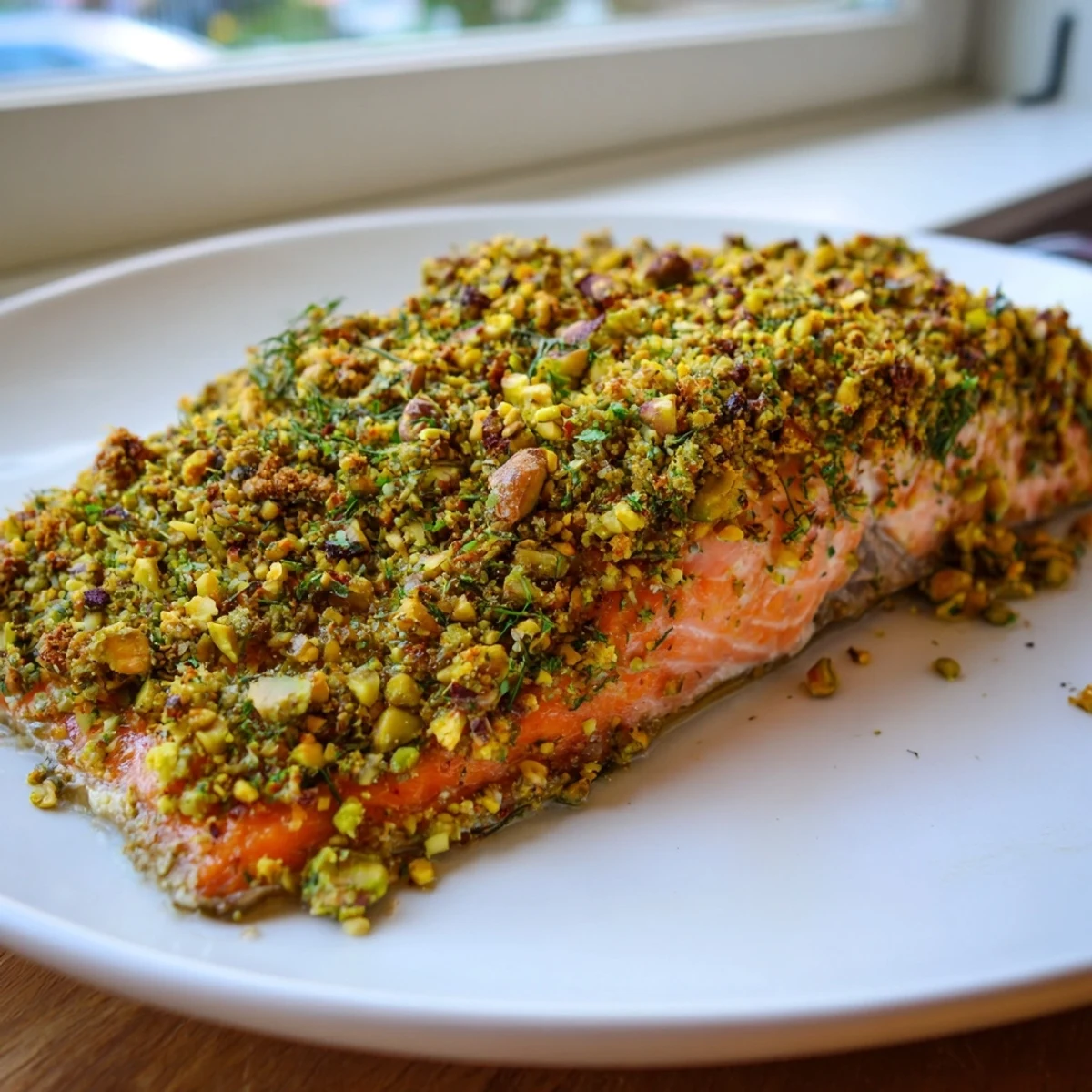 Baked salmon fillet topped with crunchy green pistachio crust served over mixed baby greens