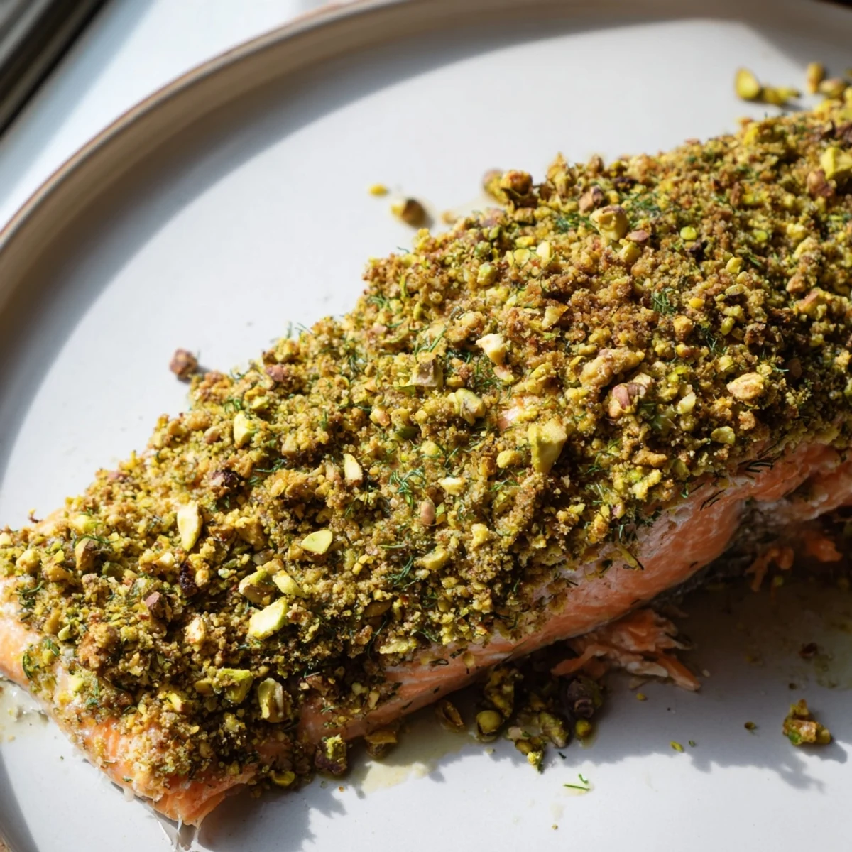 Light spring meal featuring herb crusted salmon with radishes and snap peas on salad