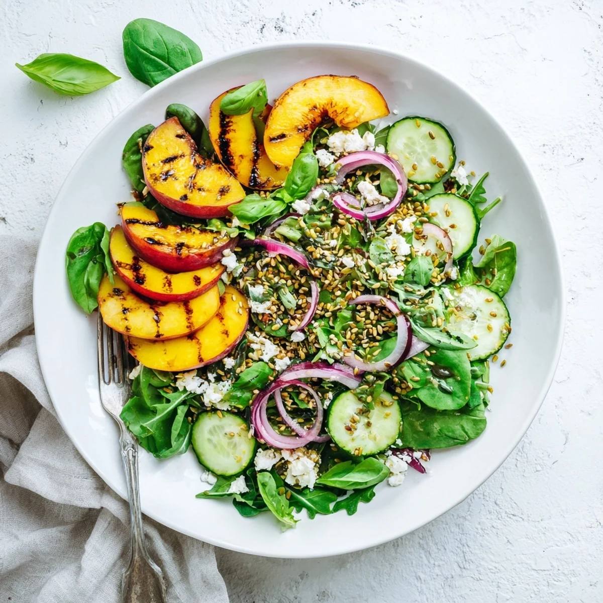 Modern vegetarian salad plate featuring grilled peach slices, cucumber, red onion, and fresh basil with hemp seed crunch