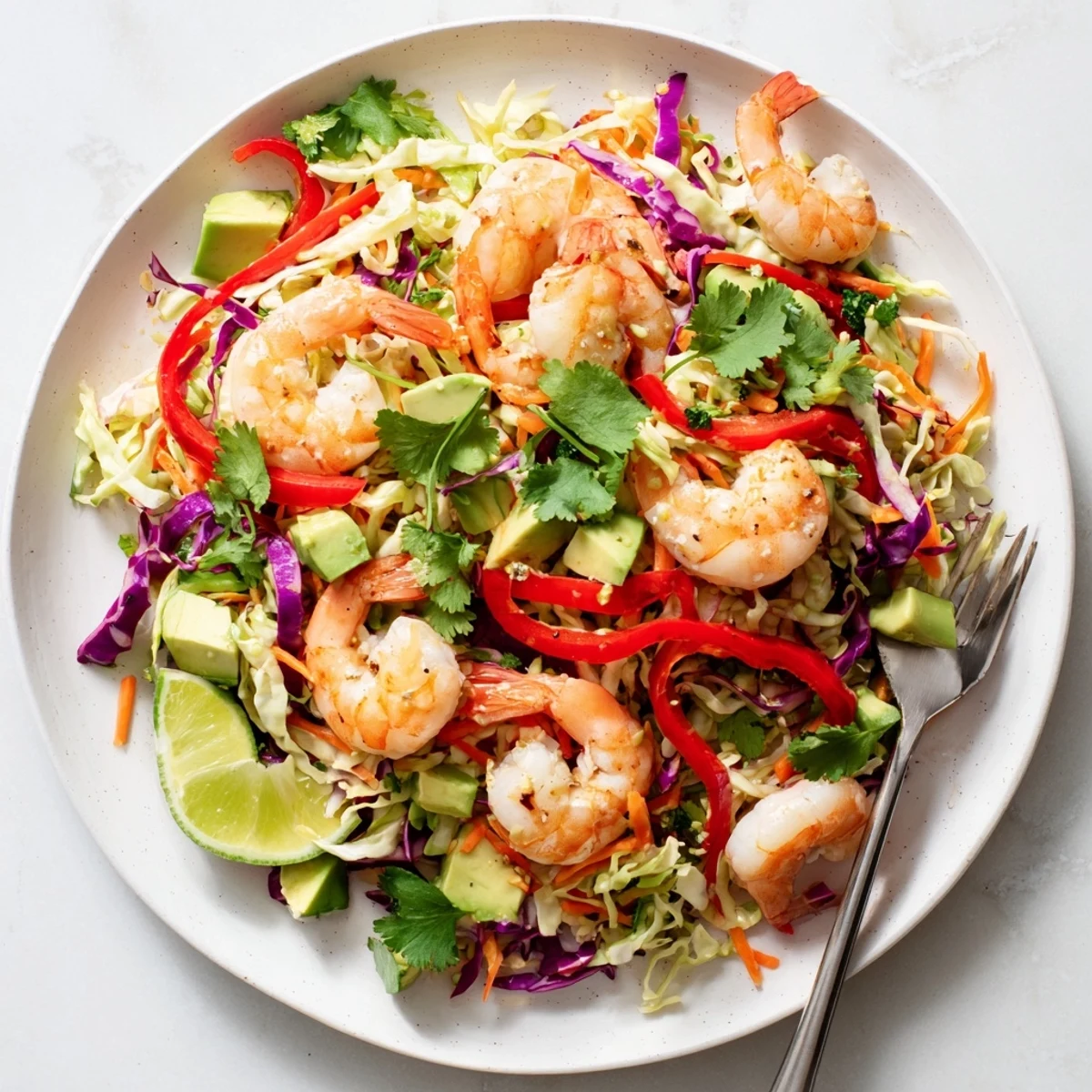 Colorful avocado lime shrimp and cabbage crunch salad with juicy pink shrimp and vibrant vegetables in a white bowl