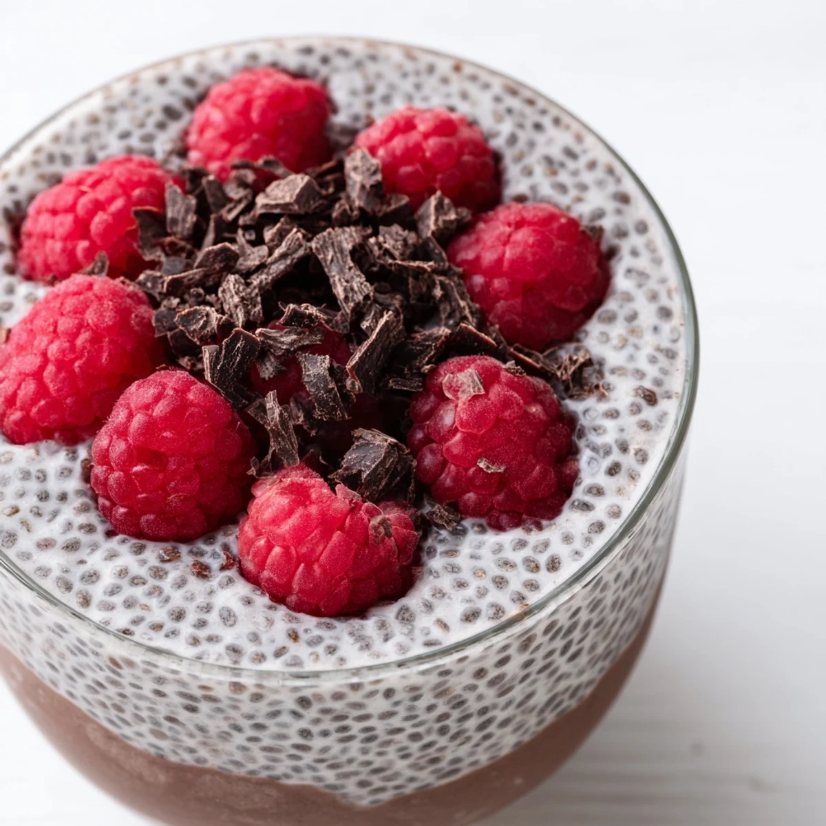 Chocolate Raspberry Protein Chia Cream layered in glass with fresh raspberry topping and dark chocolate shavings