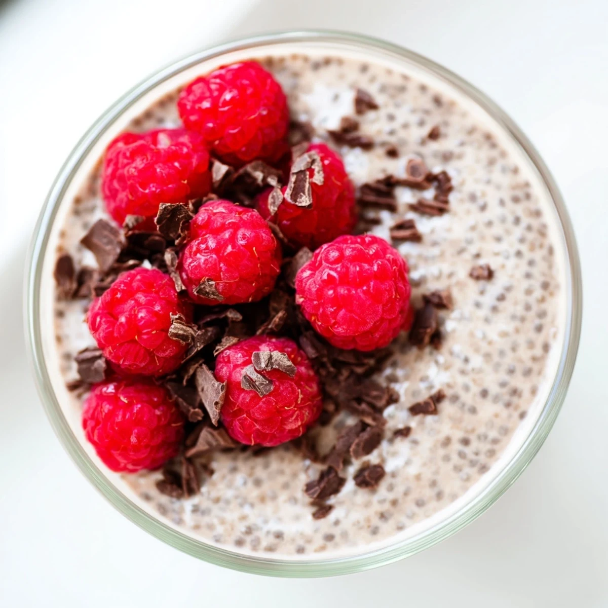 Creamy Chocolate Raspberry Protein Chia Cream dessert bowl garnished with whole raspberries and toasted nuts