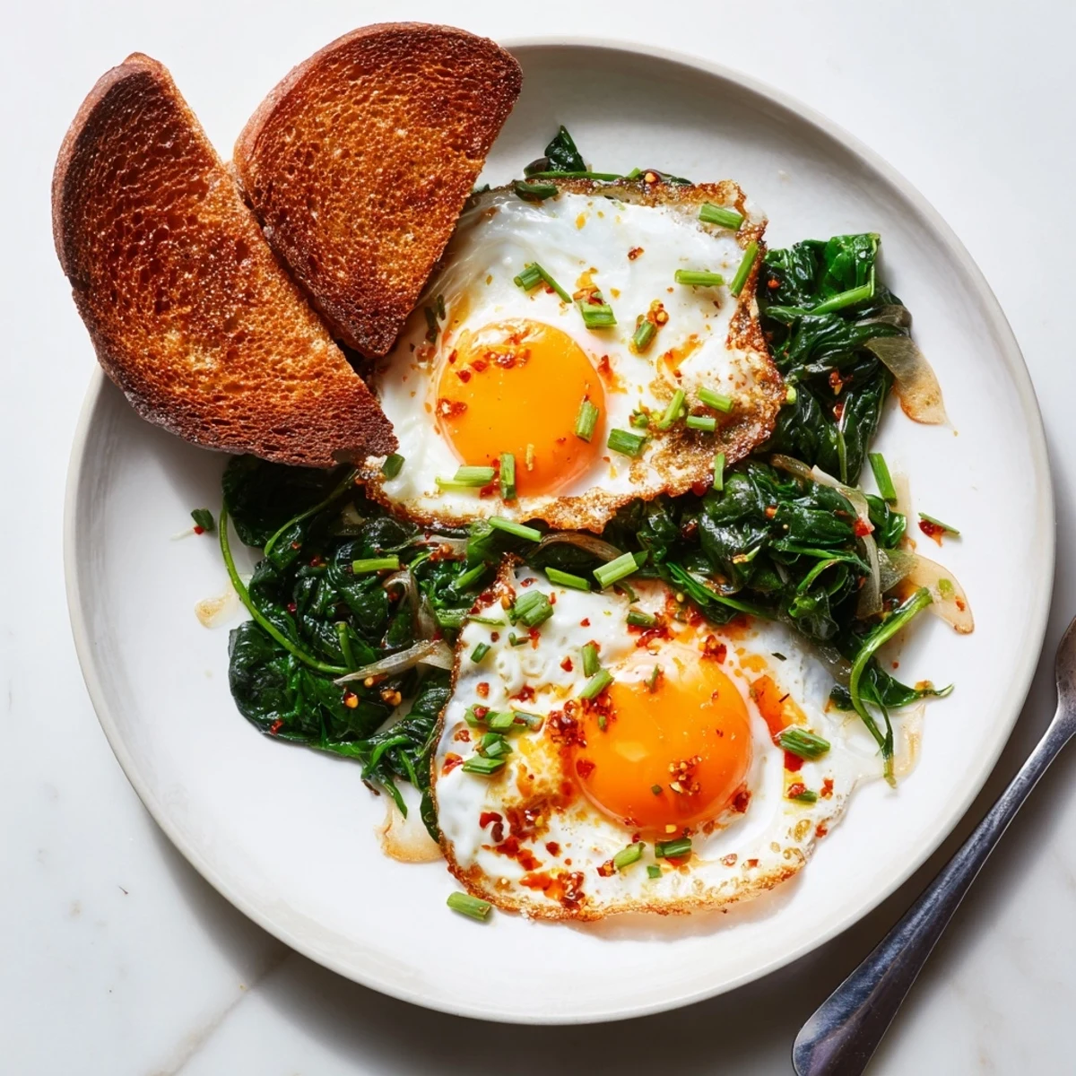 Two perfectly fried eggs with golden brown bottoms rest in spicy chili crisp atop a bed of fresh garlicky spinach slices