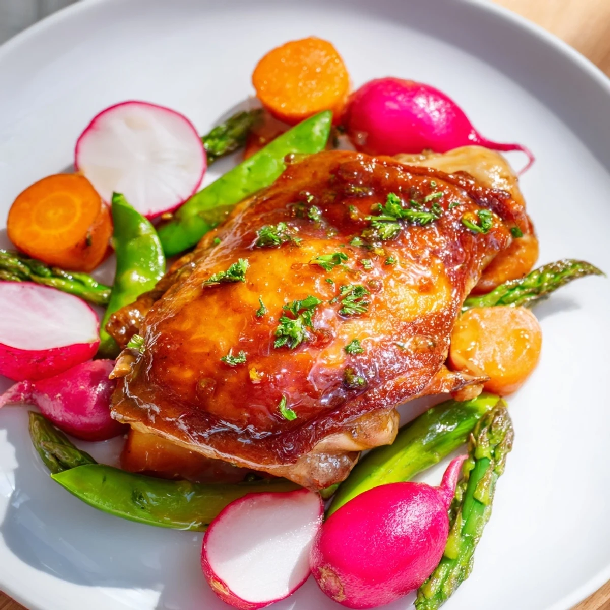 Golden glazed hot honey chicken thighs roasted beside colorful caramelized asparagus and spring vegetables on a sheet pan